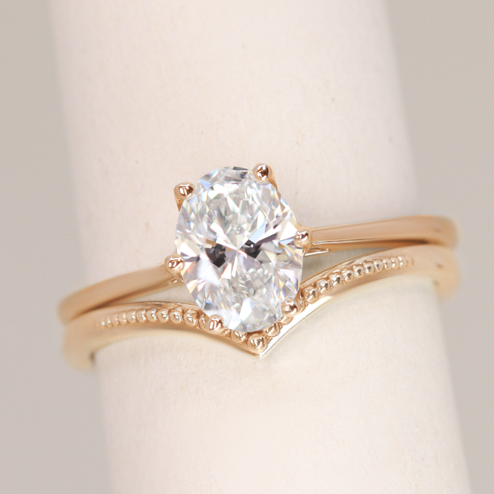 Bridal Set - Raine & Hadley - Oval Cut Lab Grown Diamond Solitaire Engagement Ring and Wishbone Vintage Style Wedding Ring