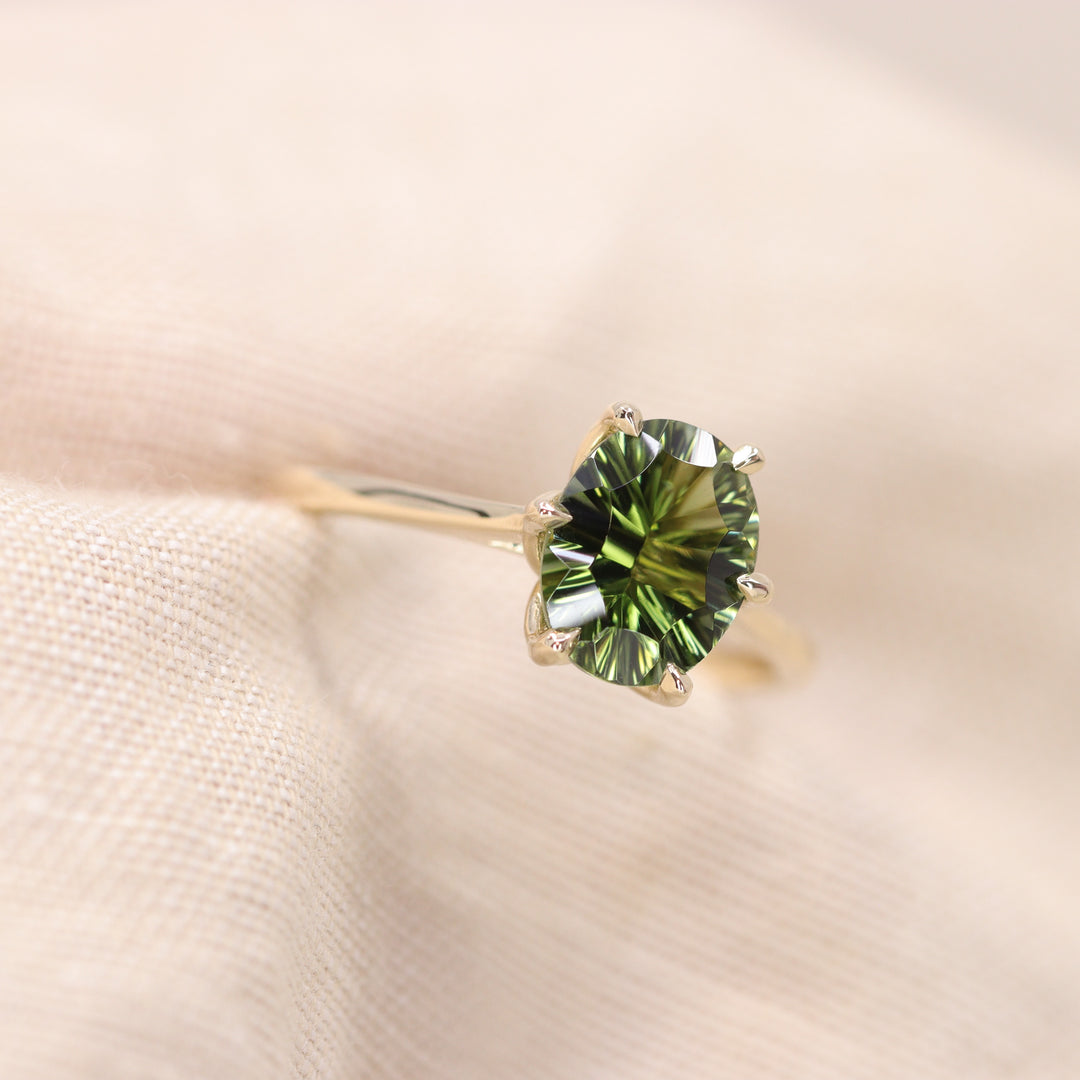 Raine - Oval Optix Cut Green Tourmaline Tulip Basket Solitaire Engagement Ring - Ready-to-Wear Engagement Rings - Ready-to-Ship