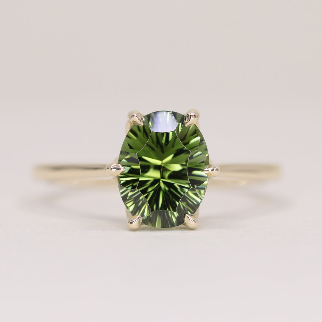 Raine - Oval Optix Cut Green Tourmaline Tulip Basket Solitaire Engagement Ring - Ready-to-Wear Engagement Rings - Ready-to-Ship