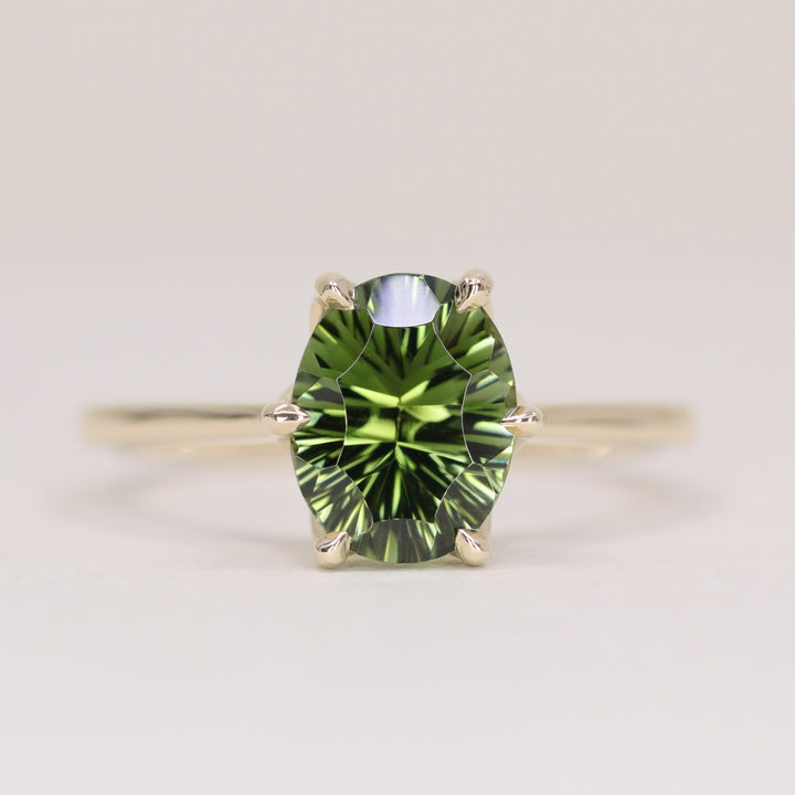Raine - Oval Optix Cut Green Tourmaline Tulip Basket Solitaire Engagement Ring - Ready-to-Wear Engagement Rings - Ready-to-Ship