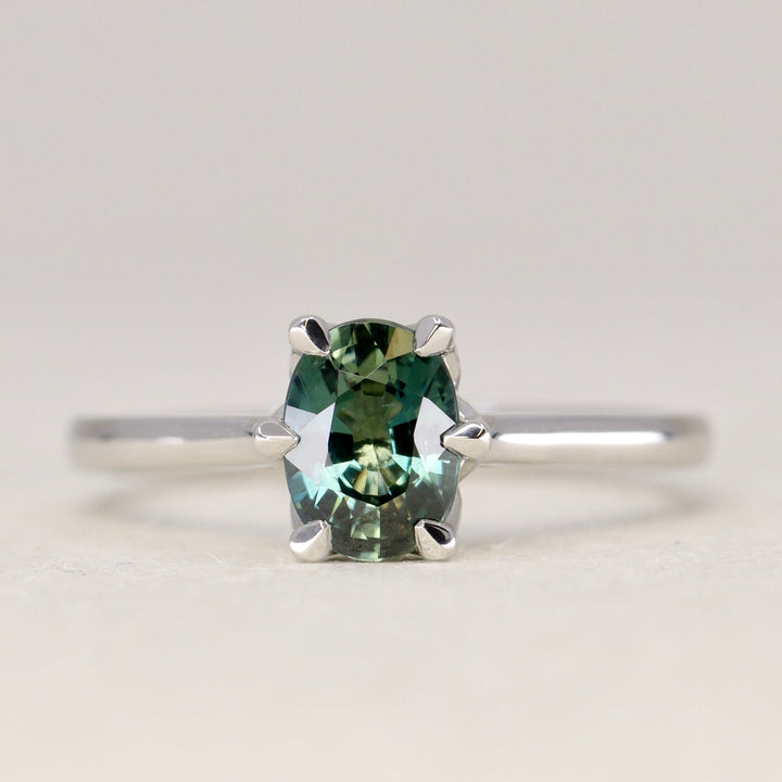 Raine - Oval Cut Teal Sapphire Floral Basket Solitaire Made-to-Order Engagement Ring