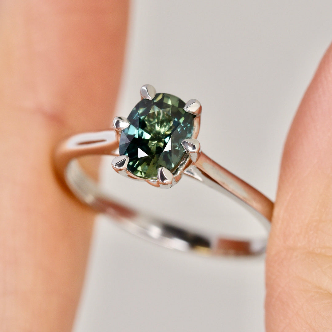 Raine - Oval Cut Teal Sapphire Floral Basket Solitaire Made-to-Order Engagement Ring