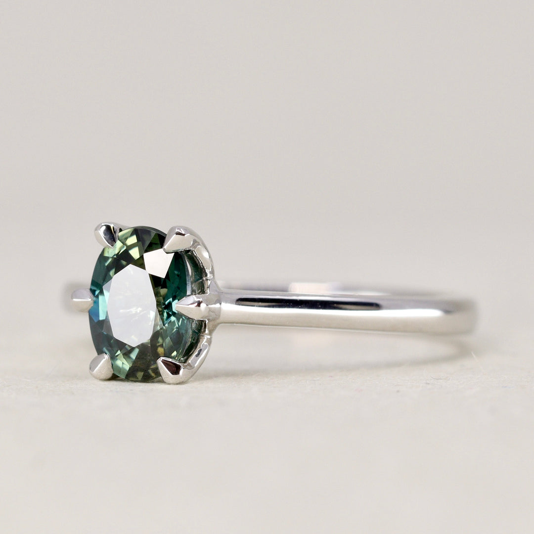 Raine - Oval Cut Teal Sapphire Floral Basket Solitaire Made-to-Order Engagement Ring