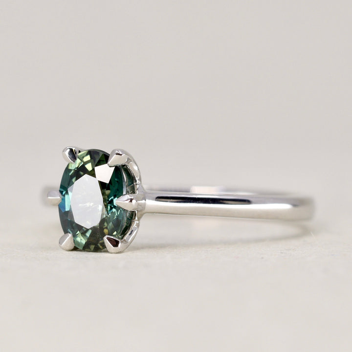 Raine - Oval Cut Teal Sapphire Floral Basket Solitaire Made-to-Order Engagement Ring