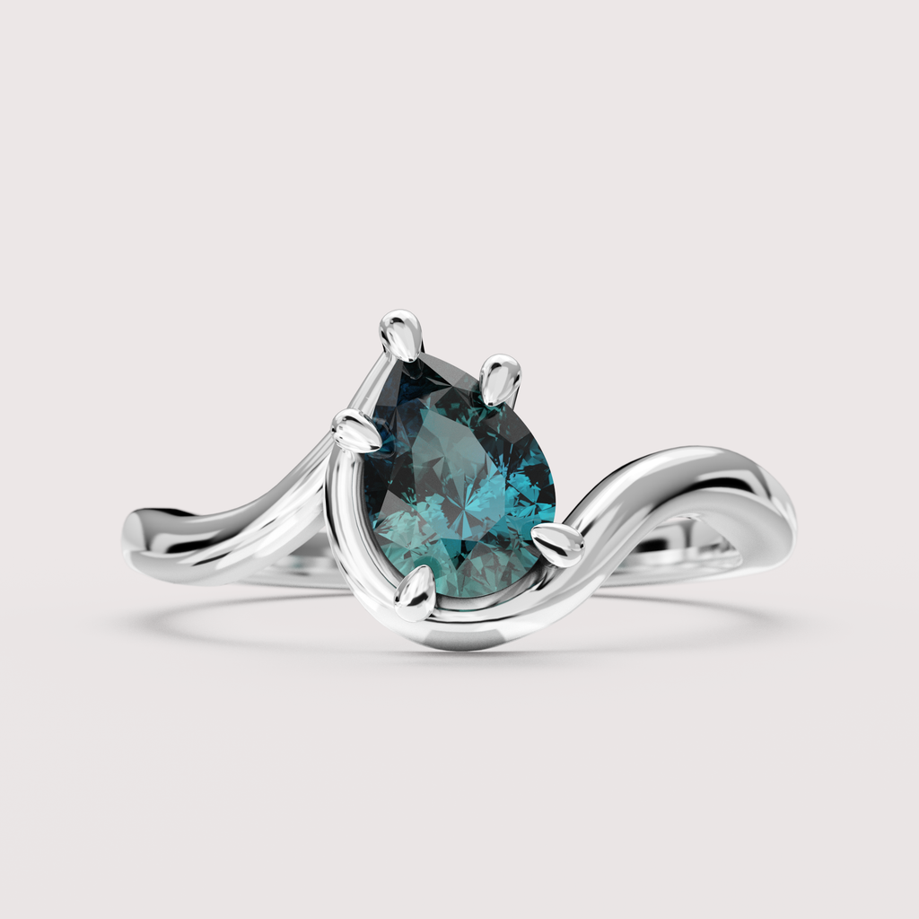 Raye - Asymmetric Pear Cut Teal Sapphire Organic Twist Solitaire Custom Engagement Ring