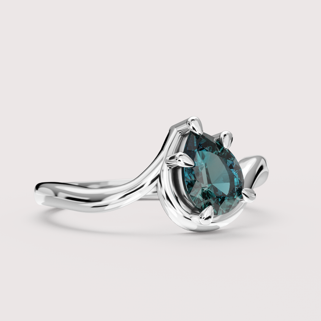 Raye - Asymmetric Pear Cut Teal Sapphire Organic Twist Solitaire Custom Engagement Ring