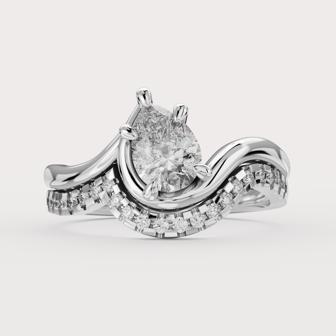 Bridal Set - Raye - Asymmetric Pear Cut Diamond Organic Twist Solitaire Engagement Ring and Matching Wedding Band Engagement Rings - Price On Application