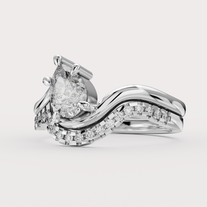 Bridal Set - Raye - Asymmetric Pear Cut Diamond Organic Twist Solitaire Engagement Ring and Matching Wedding Band Engagement Rings - Price On Application