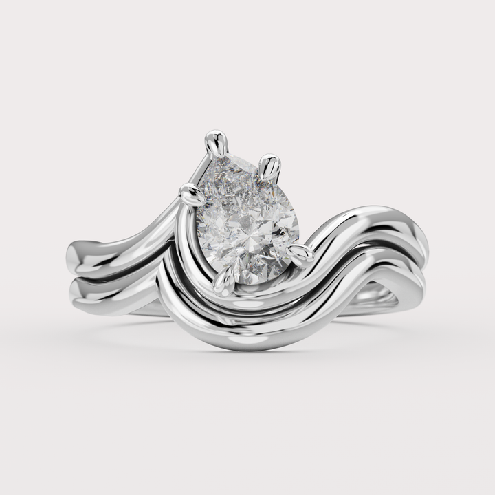 Bridal Set - Raye - Asymmetric Pear Cut Diamond Organic Twist Solitaire Engagement Ring and Matching Wedding Band Engagement Rings - Price On Application