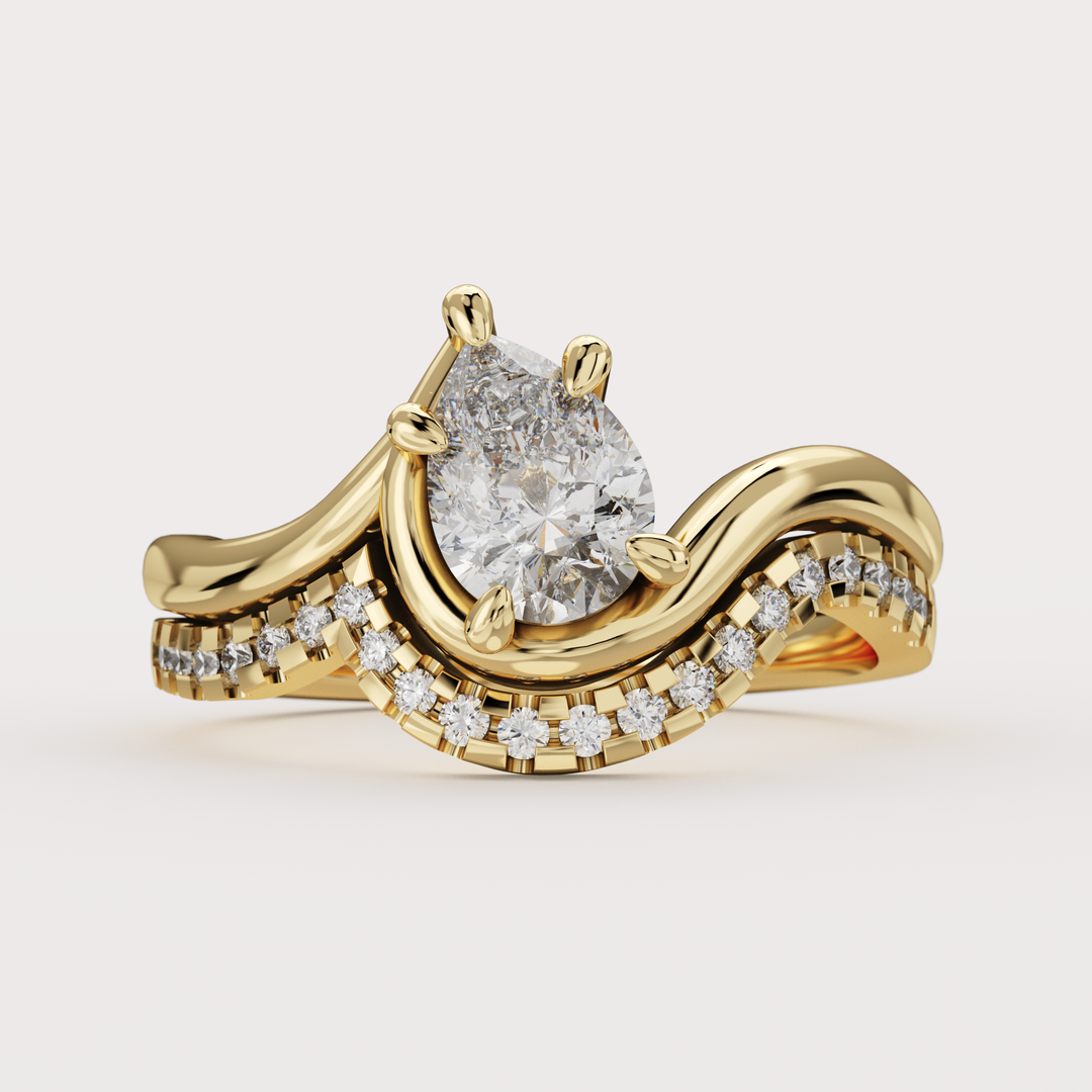 Bridal Set - Raye - Asymmetric Pear Cut Diamond Organic Twist Solitaire Engagement Ring and Matching Wedding Band Engagement Rings - Price On Application