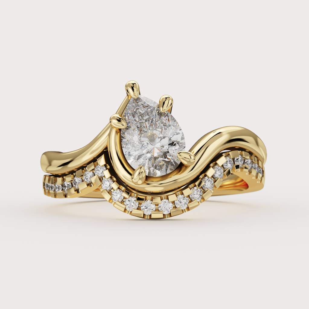 Bridal Set - Raye - Asymmetric Pear Cut Diamond Organic Twist Solitaire Engagement Ring and Matching Wedding Band Engagement Rings - Price On Application