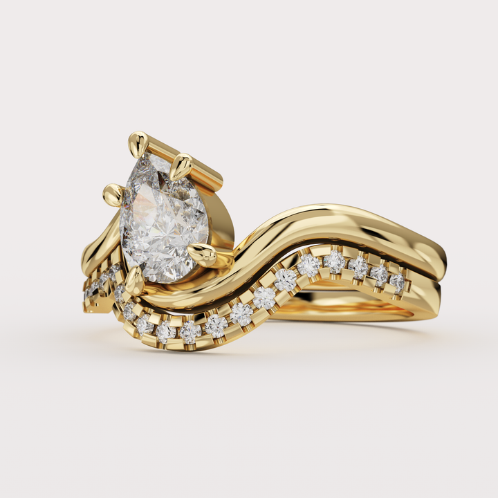 Bridal Set - Raye - Asymmetric Pear Cut Diamond Organic Twist Solitaire Engagement Ring and Matching Wedding Band Engagement Rings - Price On Application