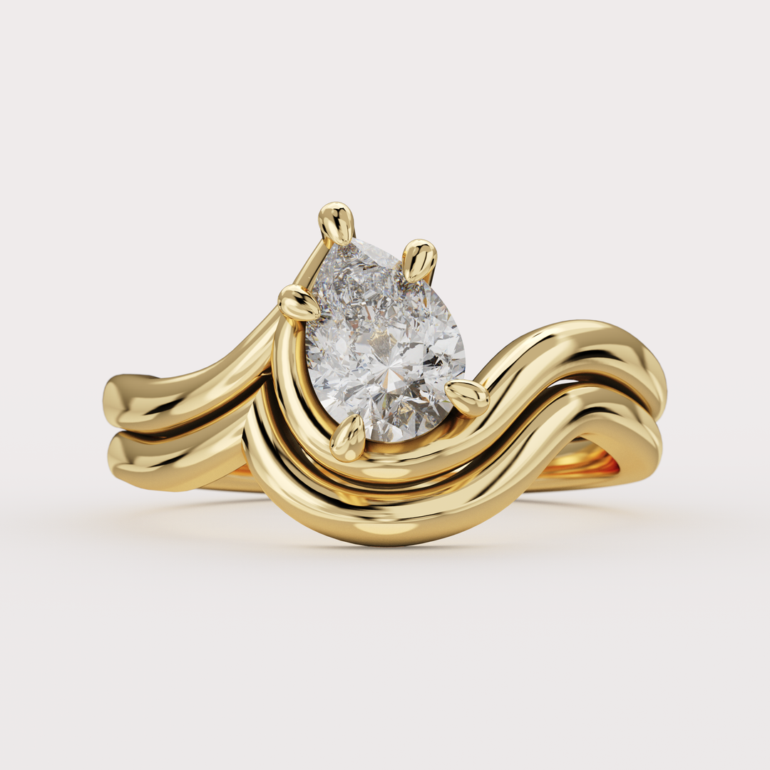 Bridal Set - Raye - Asymmetric Pear Cut Diamond Organic Twist Solitaire Engagement Ring and Matching Wedding Band Engagement Rings - Price On Application