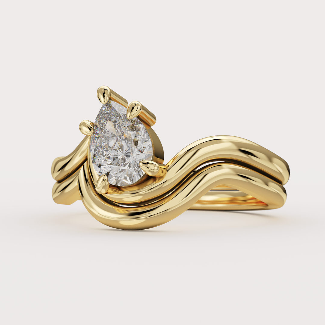 Bridal Set - Raye - Asymmetric Pear Cut Diamond Organic Twist Solitaire Engagement Ring and Matching Wedding Band Engagement Rings - Price On Application