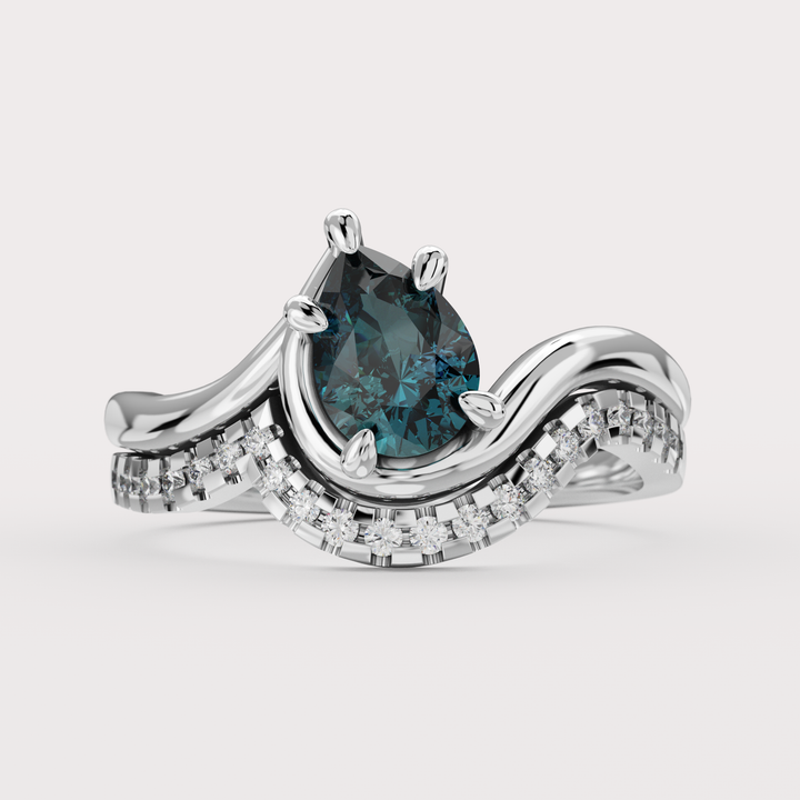 Bridal Set - Raye - Asymmetric Pear Cut Teal Sapphire Organic Twist Solitaire Engagement Ring and Matching Wedding Band Engagement Rings - Price On Application