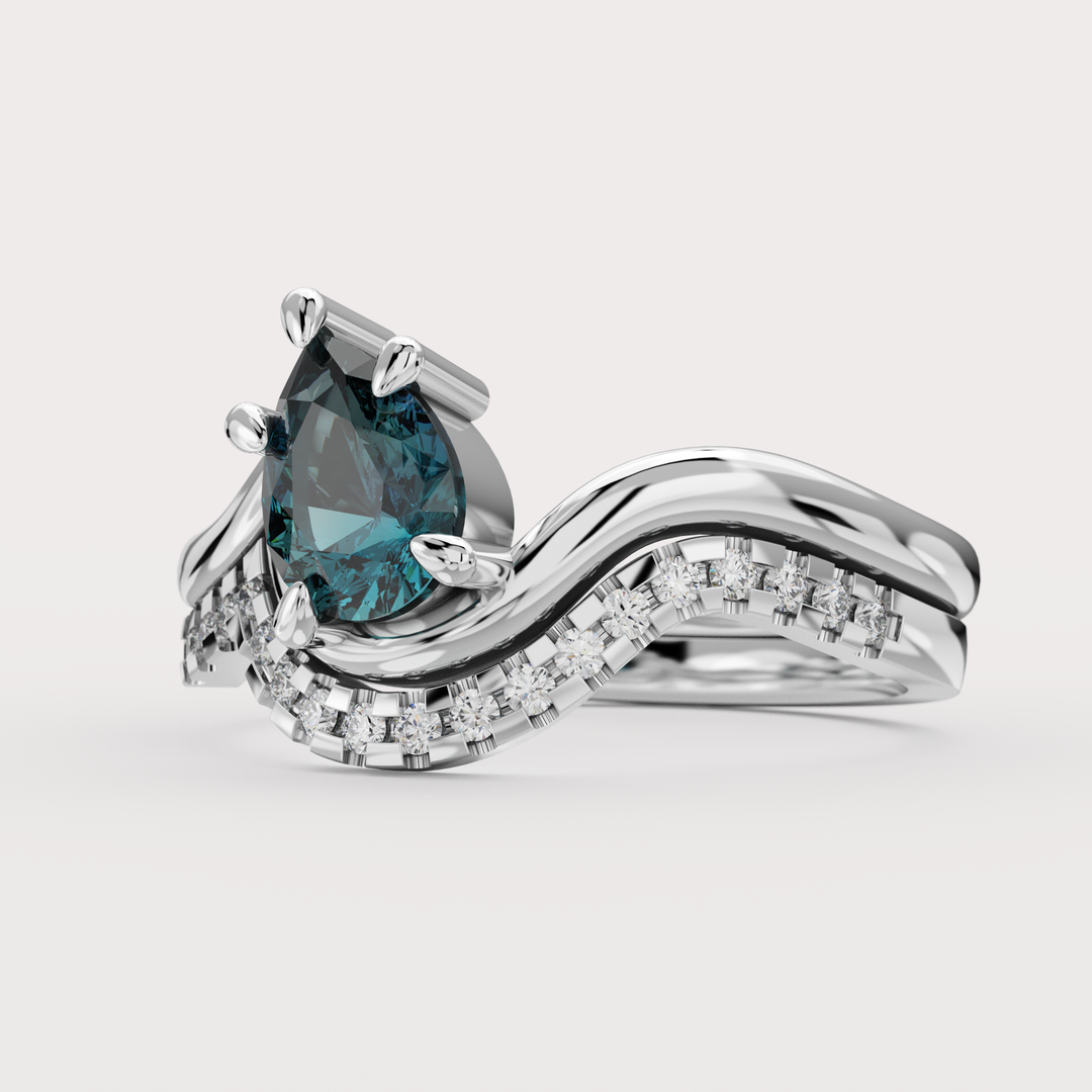 Bridal Set - Raye - Asymmetric Pear Cut Teal Sapphire Organic Twist Solitaire Engagement Ring and Matching Wedding Band Engagement Rings - Price On Application