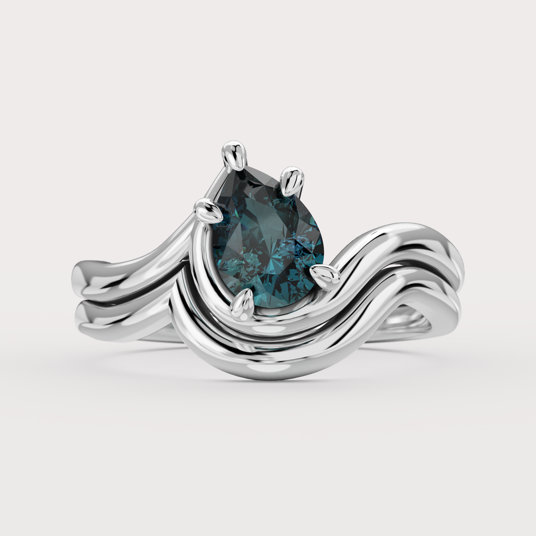 Bridal Set - Raye - Asymmetric Pear Cut Teal Sapphire Organic Twist Solitaire Engagement Ring and Matching Wedding Band Engagement Rings - Price On Application