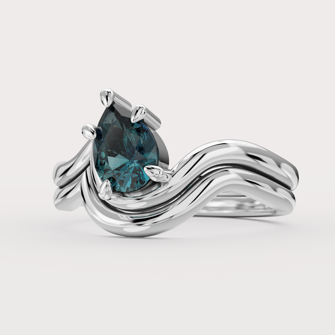 Bridal Set - Raye - Asymmetric Pear Cut Teal Sapphire Organic Twist Solitaire Engagement Ring and Matching Wedding Band Engagement Rings - Price On Application