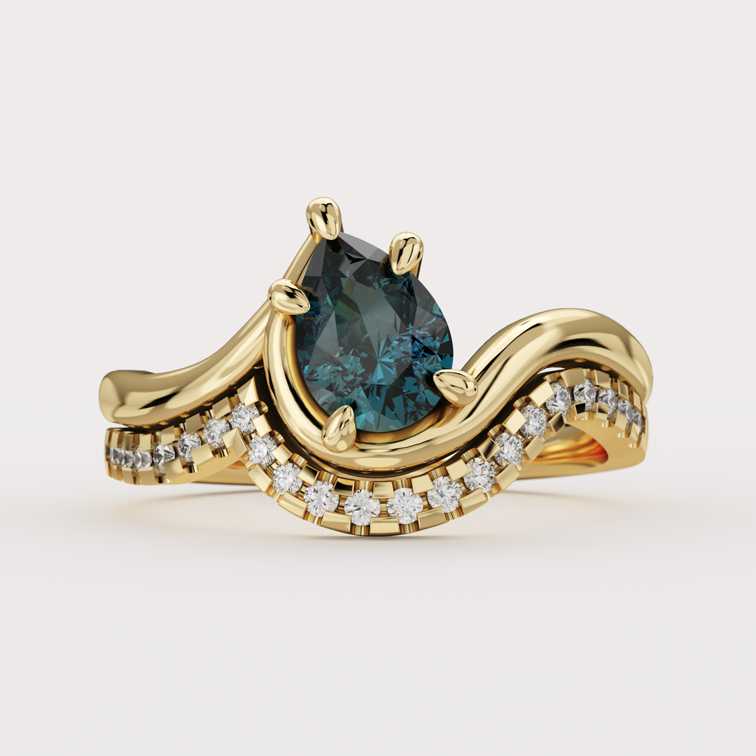 Bridal Set - Raye - Asymmetric Pear Cut Teal Sapphire Organic Twist Solitaire Engagement Ring and Matching Wedding Band Engagement Rings - Price On Application