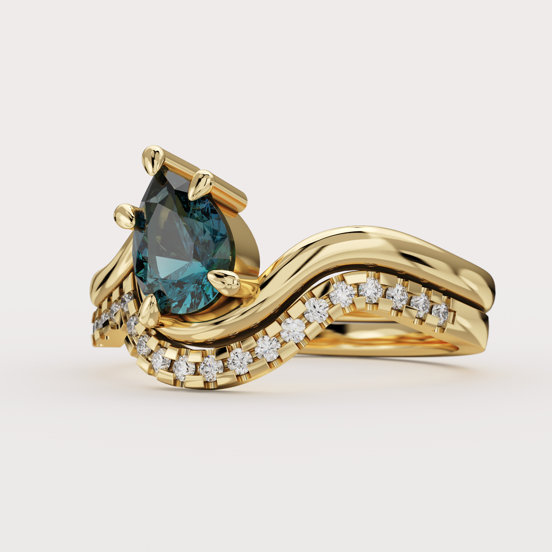 Bridal Set - Raye - Asymmetric Pear Cut Teal Sapphire Organic Twist Solitaire Engagement Ring and Matching Wedding Band Engagement Rings - Price On Application