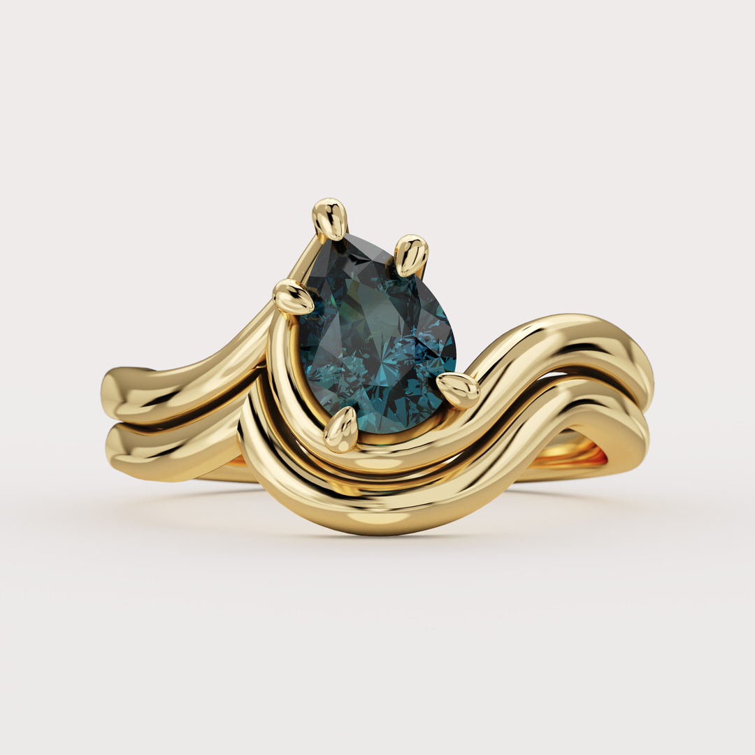 Bridal Set - Raye - Asymmetric Pear Cut Teal Sapphire Organic Twist Solitaire Engagement Ring and Matching Wedding Band Engagement Rings - Price On Application