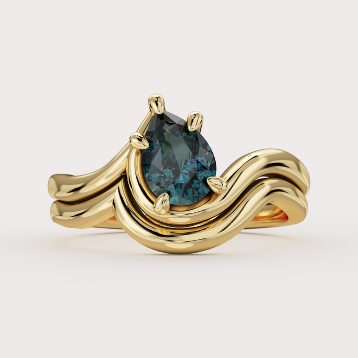 Bridal Set - Raye - Asymmetric Pear Cut Teal Sapphire Organic Twist Solitaire Engagement Ring and Matching Wedding Band Engagement Rings - Price On Application