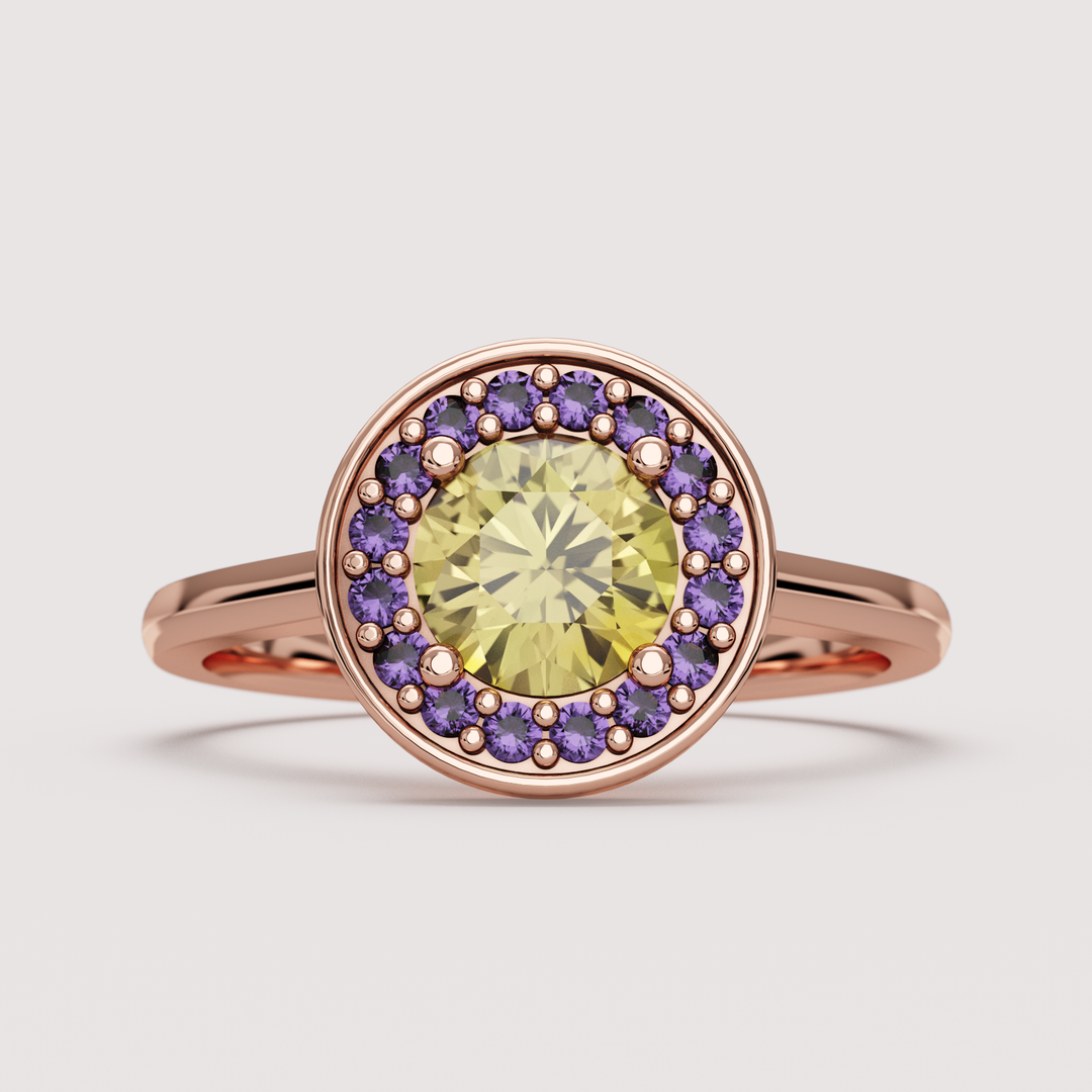 River - Intersex Flag Inspired Yellow Sapphire and Amethyst Halo Ring