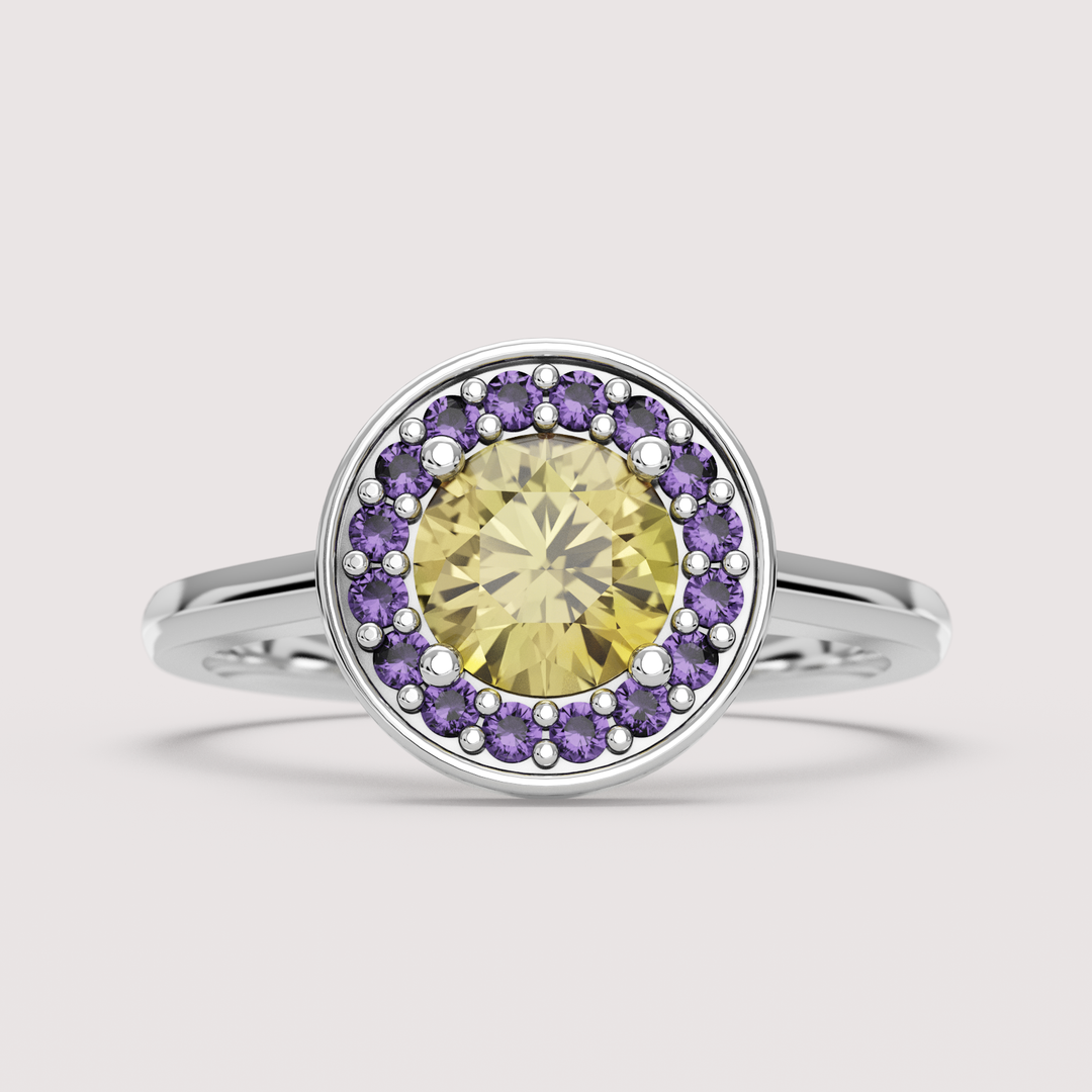 River - Intersex Flag Inspired Yellow Sapphire and Amethyst Halo Ring