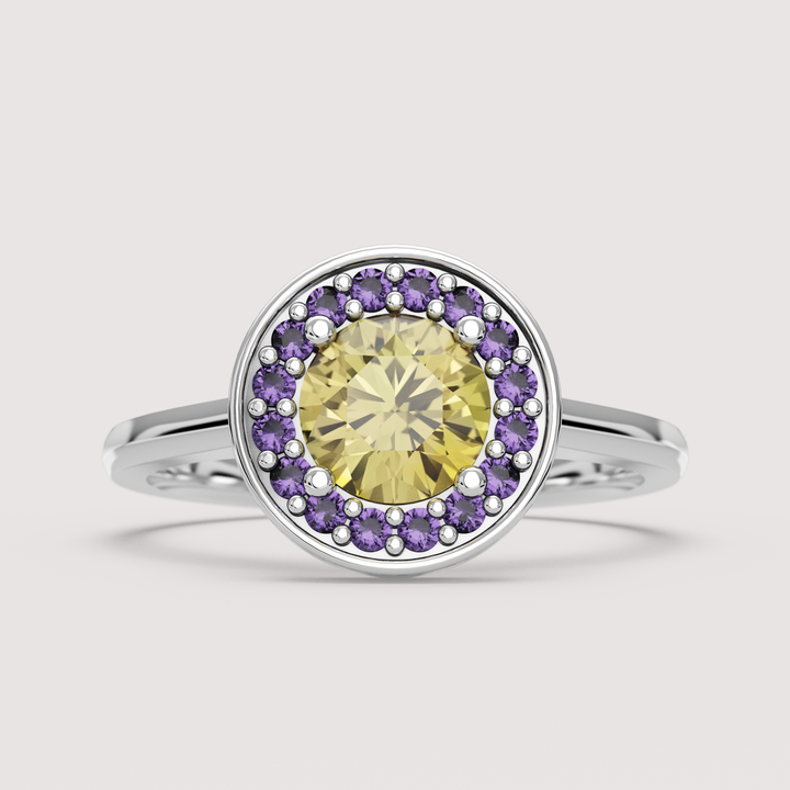 River - Intersex Flag Inspired Yellow Sapphire and Amethyst Halo Ring