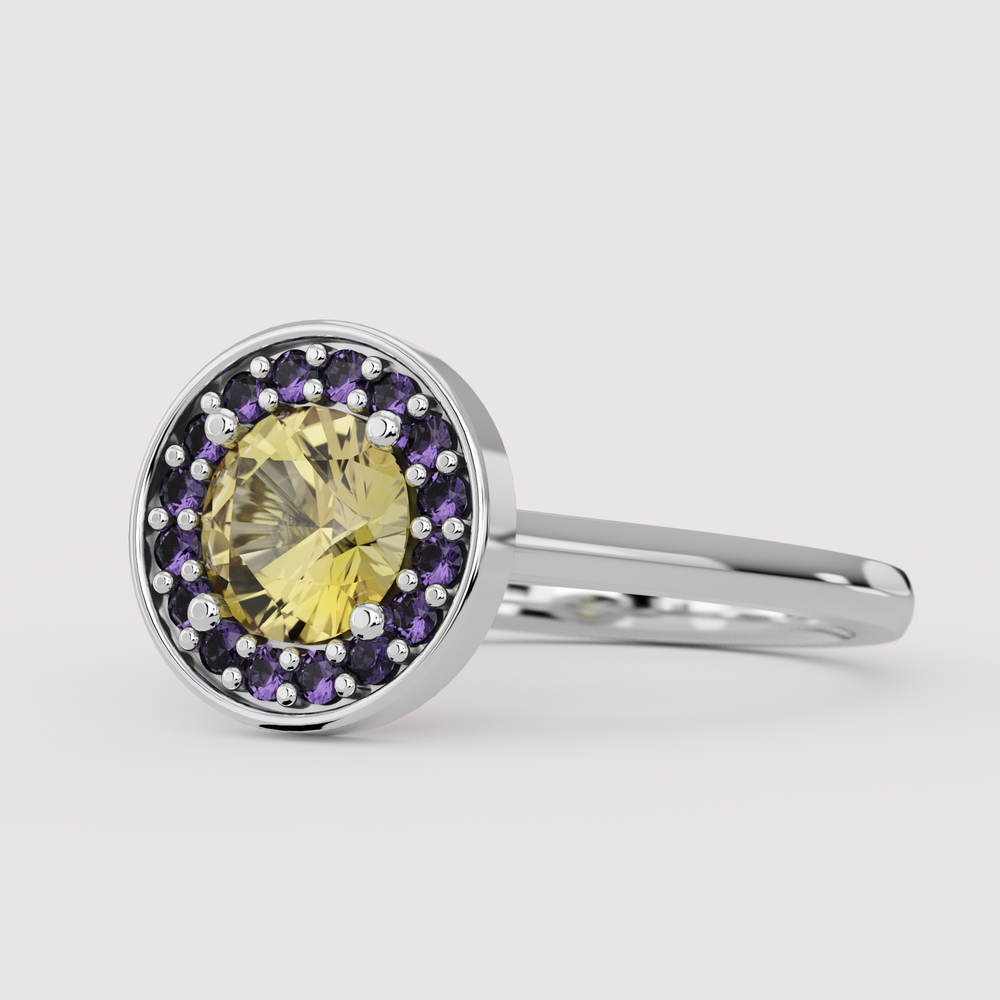 River - Intersex Flag Inspired Yellow Sapphire and Amethyst Halo Ring Engagement Rings - Price On Application