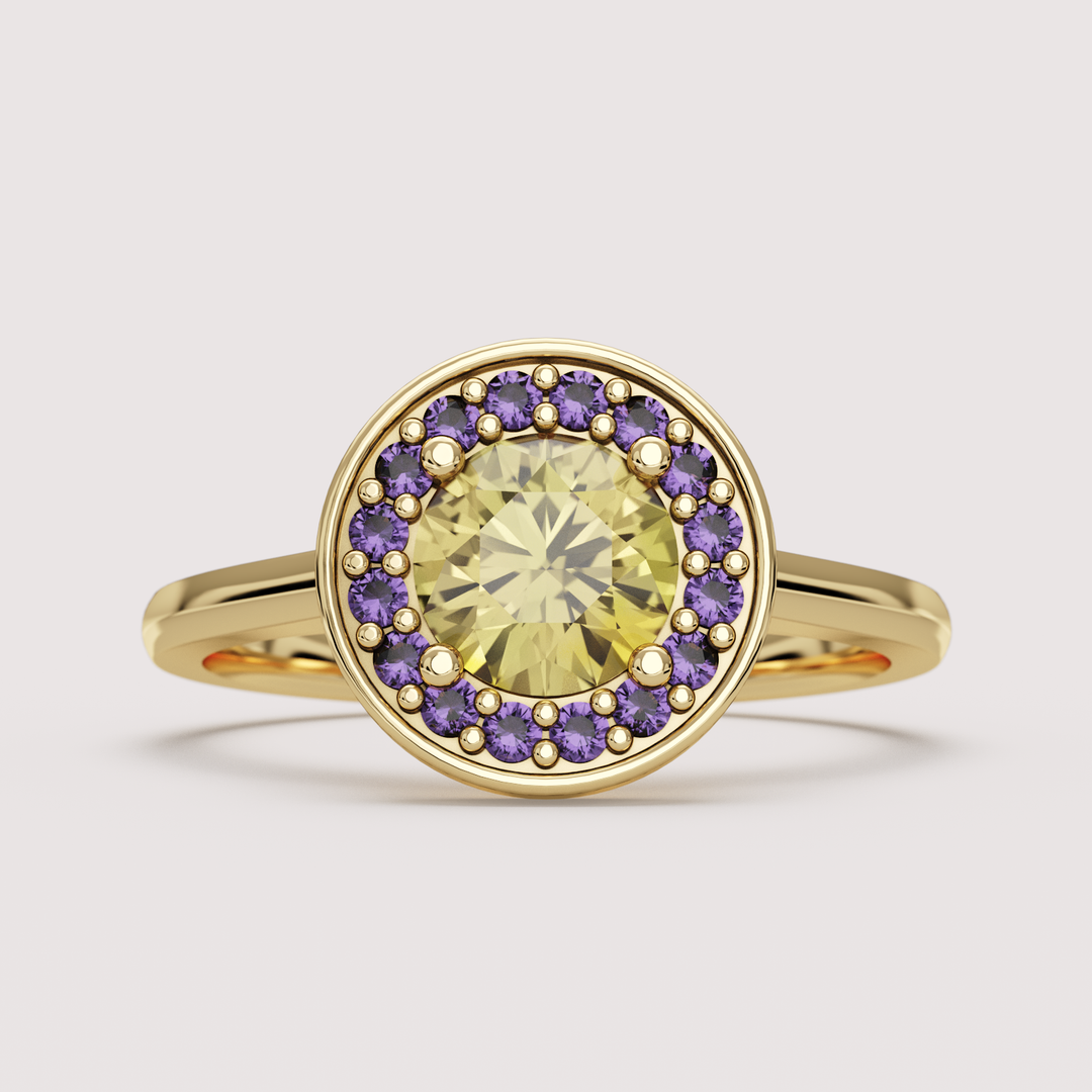 River - Intersex Flag Inspired Yellow Sapphire and Amethyst Halo Ring
