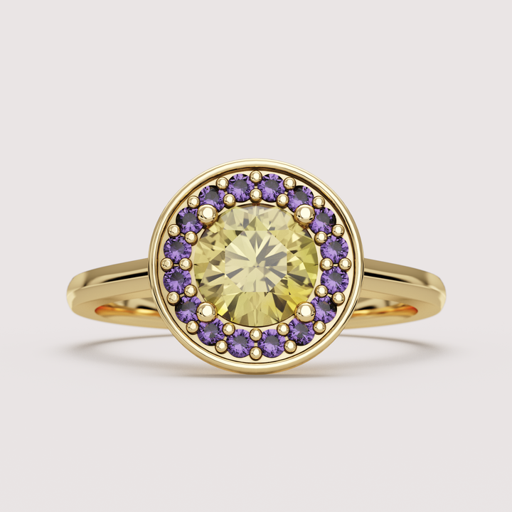 River - Intersex Flag Inspired Yellow Sapphire and Amethyst Halo Ring