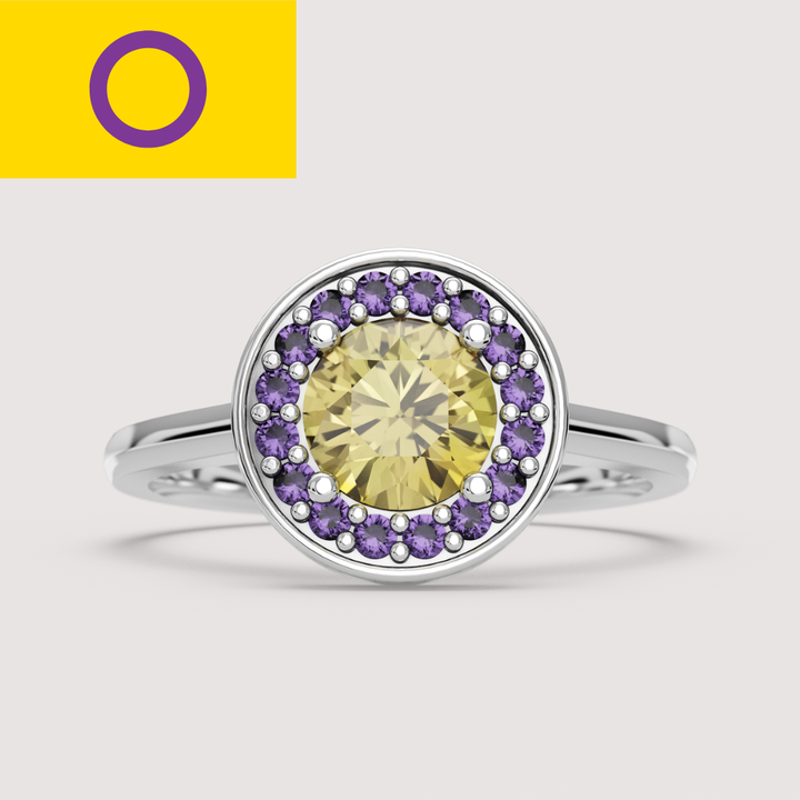 River - Intersex Flag Inspired Yellow Sapphire and Amethyst Halo Ring
