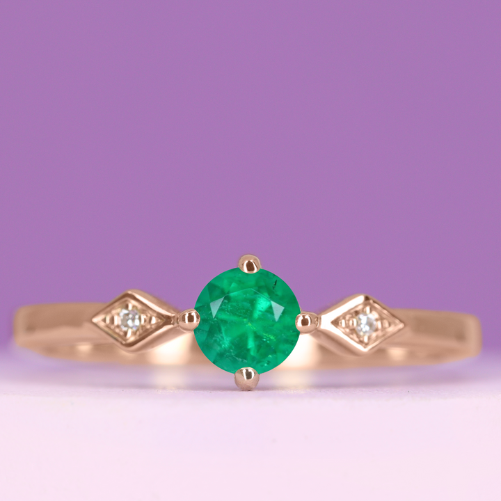 Hollie - Round Cut Emerald Art Deco Trilogy Engagement Ring