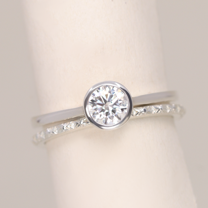 Bridal Set - Sabrina, Flora & Peggy - Round Bezel Set Lab Grown Diamond Solitaire Engagement Ring and Floral or Polished Wedding Ring