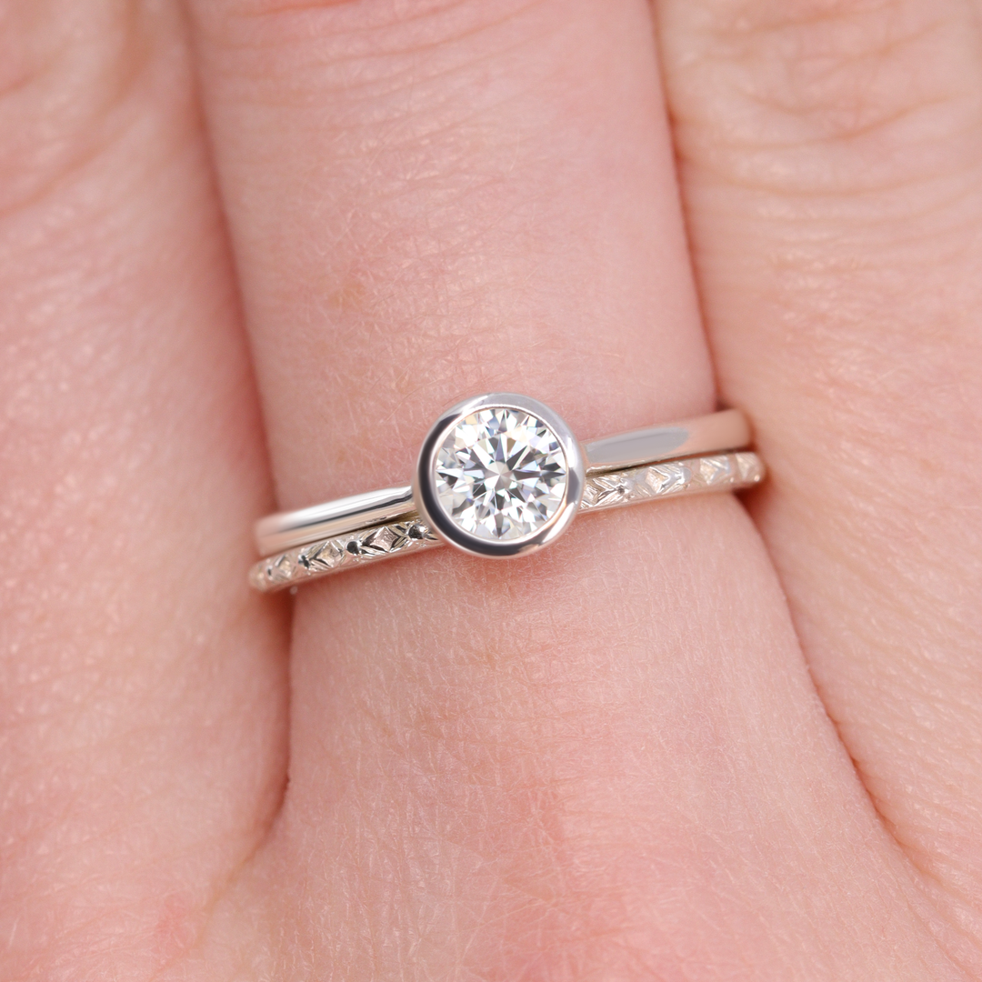 Bridal Set - Sabrina, Flora & Peggy - Round Bezel Set Lab Grown Diamond Solitaire Engagement Ring and Floral or Polished Wedding Ring