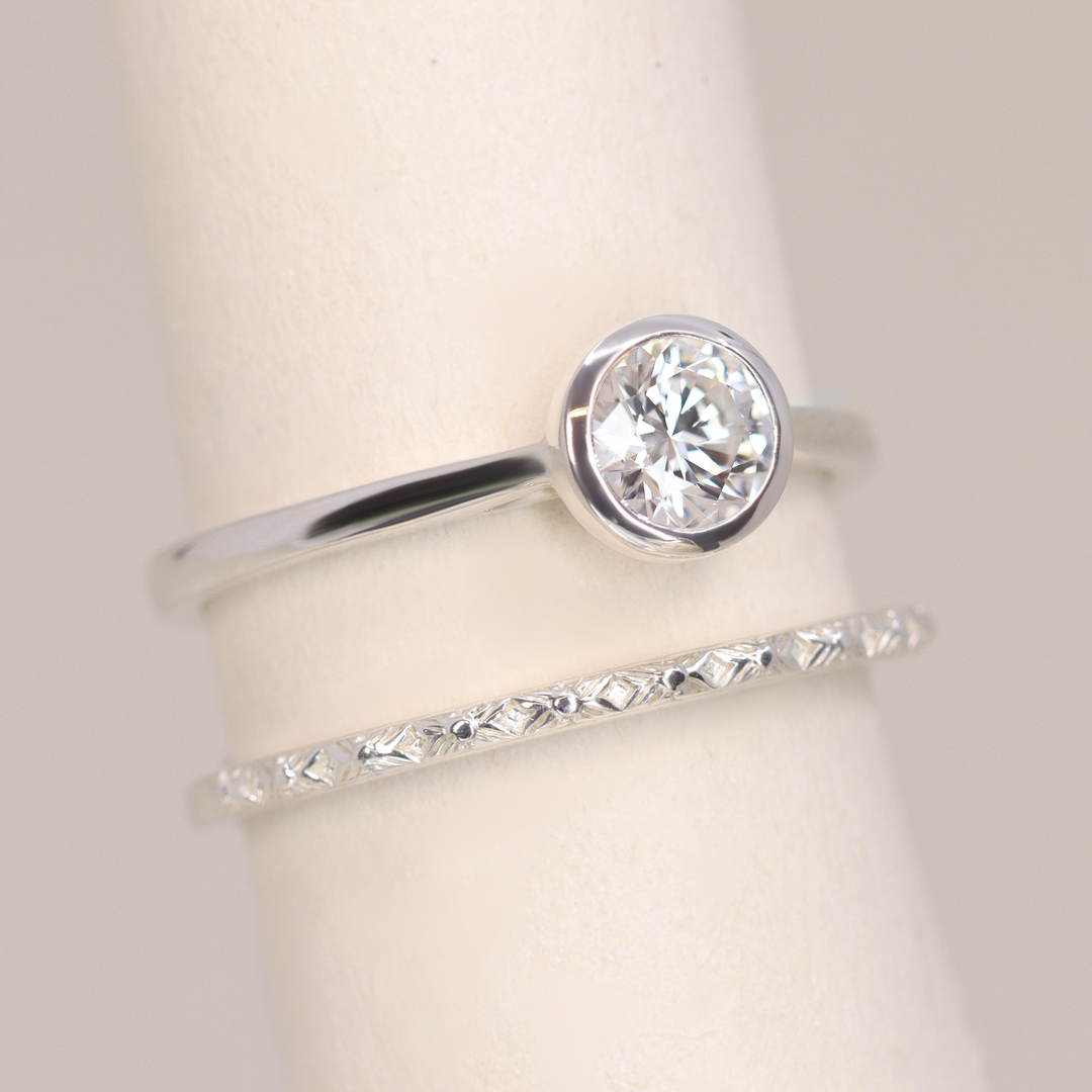 Bridal Set - Sabrina, Flora & Peggy - Round Bezel Set Lab Grown Diamond Solitaire Engagement Ring and Floral or Polished Wedding Ring