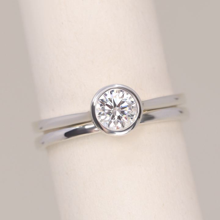Bridal Set - Sabrina, Flora & Peggy - Round Bezel Set Lab Grown Diamond Solitaire Engagement Ring and Floral or Polished Wedding Ring
