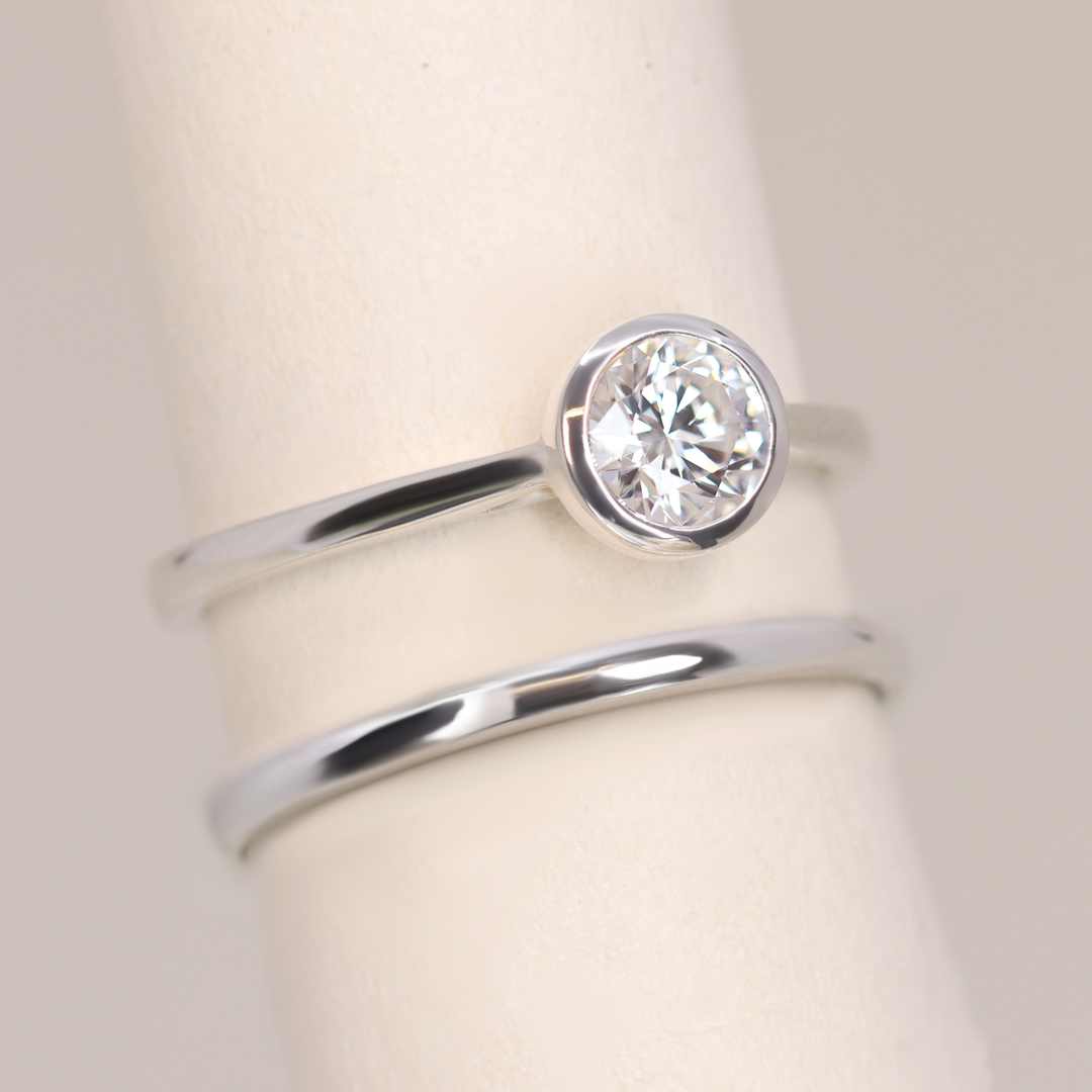 Bridal Set - Sabrina, Flora & Peggy - Round Bezel Set Lab Grown Diamond Solitaire Engagement Ring and Floral or Polished Wedding Ring