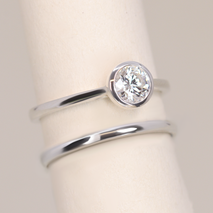 Bridal Set - Sabrina, Flora & Peggy - Round Bezel Set Lab Grown Diamond Solitaire Engagement Ring and Floral or Polished Wedding Ring