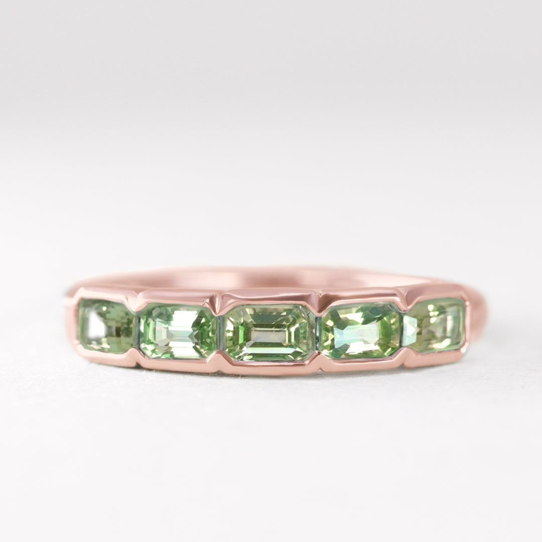 Sage - Emerald Cut Green Sapphire 5 Stone Eternity Dress Ring Jessica Flinn Fine Jewellery Sage - Emerald Cut Green Sapphire 5 Stone Eternity Dress Ring Jessica Flinn Fine Jewellery