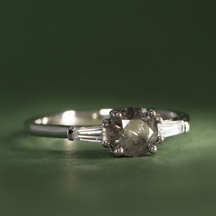 Harper - Round Brilliant Cut Salt and Pepper Diamond and Tapered Baguette Diamond Trilogy Engagement Ring - Ready-to-Wear Engagement Rings - Ready-to-Ship