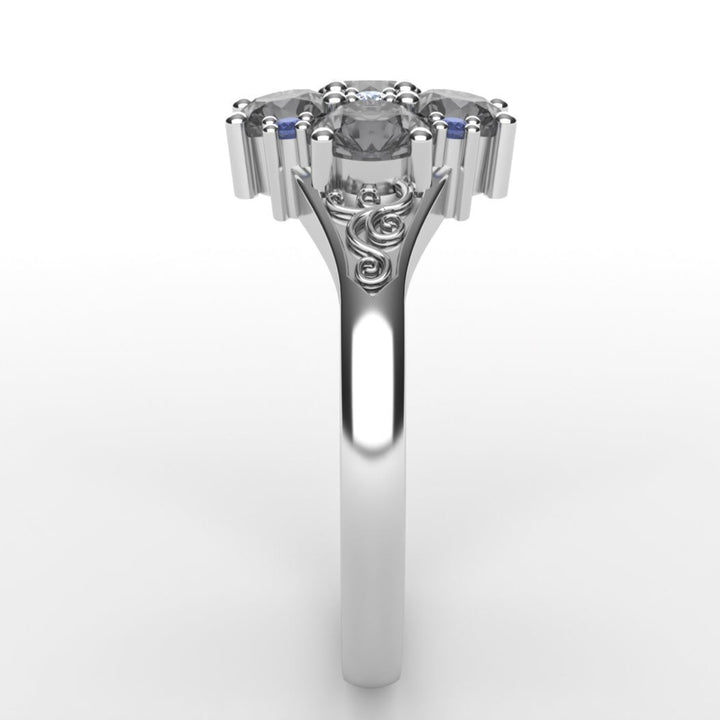 Bridgerton inspired engagement ring with salt and pepper diamonds and sapphires