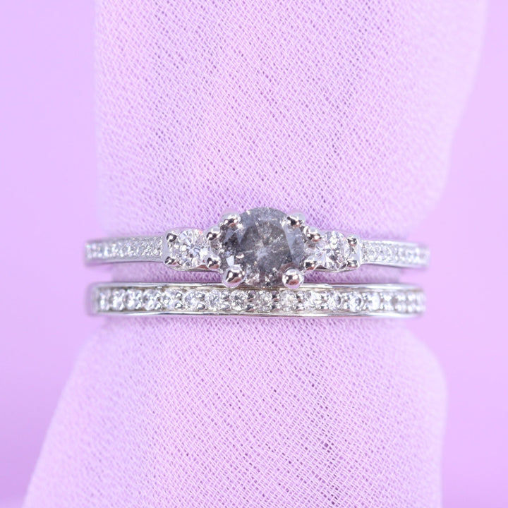 Callie & Valerie - Bridal Set - Salt and Pepper Diamond Trilogy Engagement Ring and Diamond Set Wedding Ring Engagement Rings - Made-to-Order
