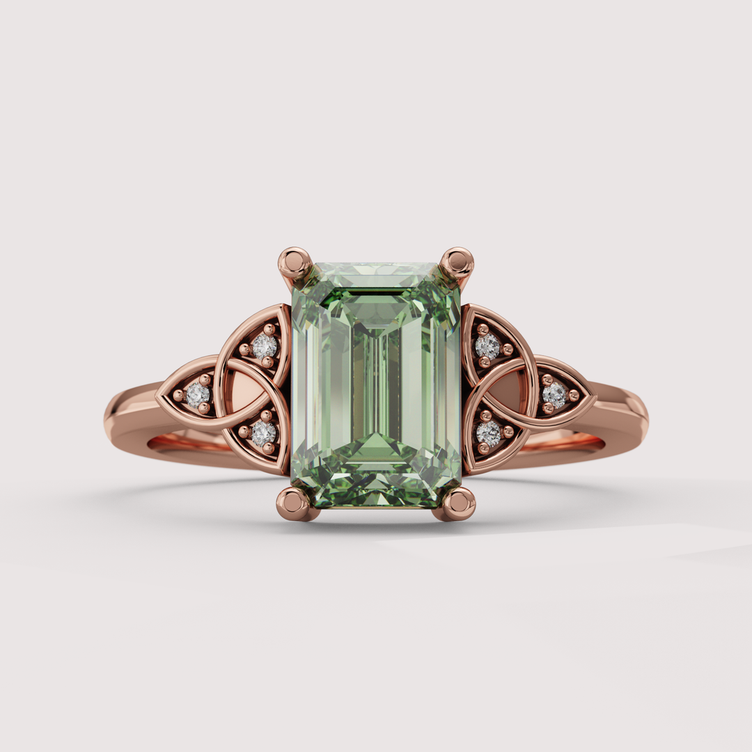 Saoirse - Emerald Cut Green Lab Grown Diamond Celtic Inspired Diamond Set Trinity Knot Made-to-Order Engagement Ring