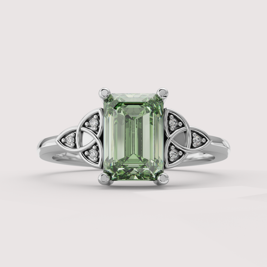 Saoirse - Emerald Cut Green Lab Grown Diamond Celtic Inspired Diamond Set Trinity Knot Made-to-Order Engagement Ring