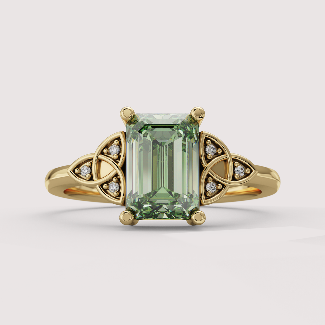 Saoirse - Emerald Cut Green Lab Grown Diamond Celtic Inspired Diamond Set Trinity Knot Made-to-Order Engagement Ring