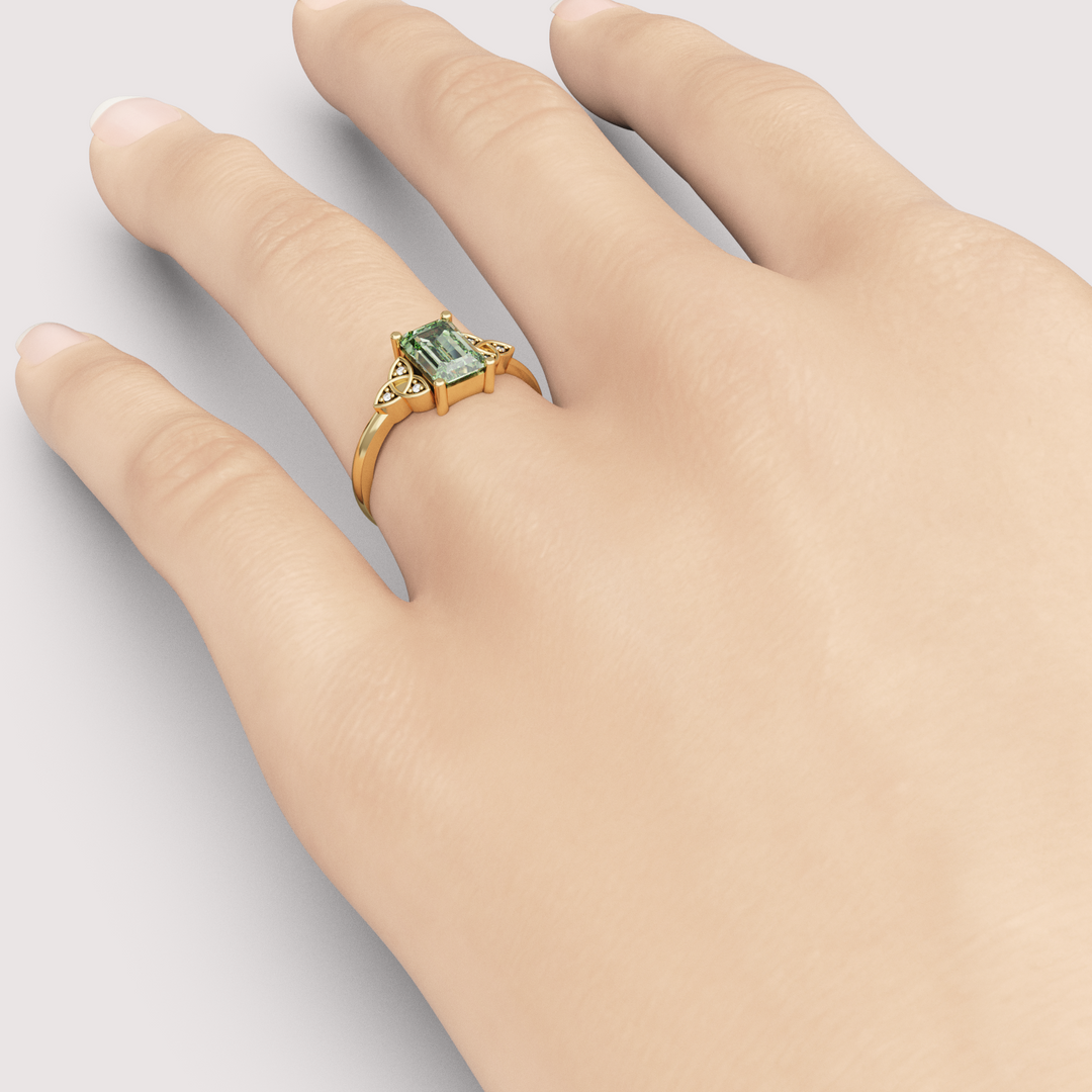 Saoirse - Emerald Cut Green Lab Grown Diamond Celtic Inspired Diamond Set Trinity Knot Made-to-Order Engagement Ring