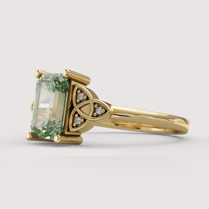 Saoirse - Emerald Cut Green Lab Grown Diamond Celtic Inspired Diamond Set Trinity Knot Made-to-Order Engagement Ring