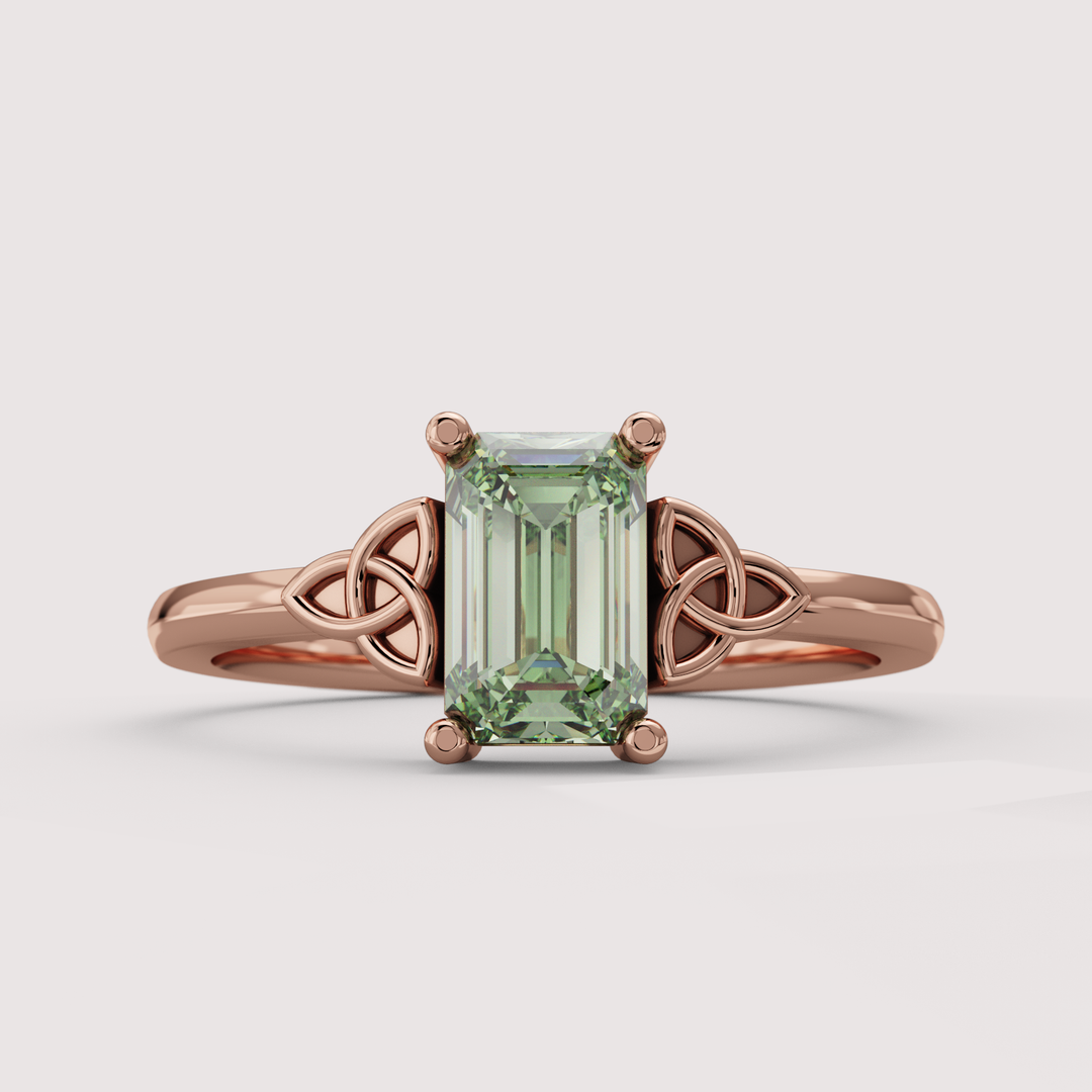 Saoirse - Emerald Cut Green Lab Grown Diamond Celtic Inspired Trinity Knot Made-to-Order Engagement Ring